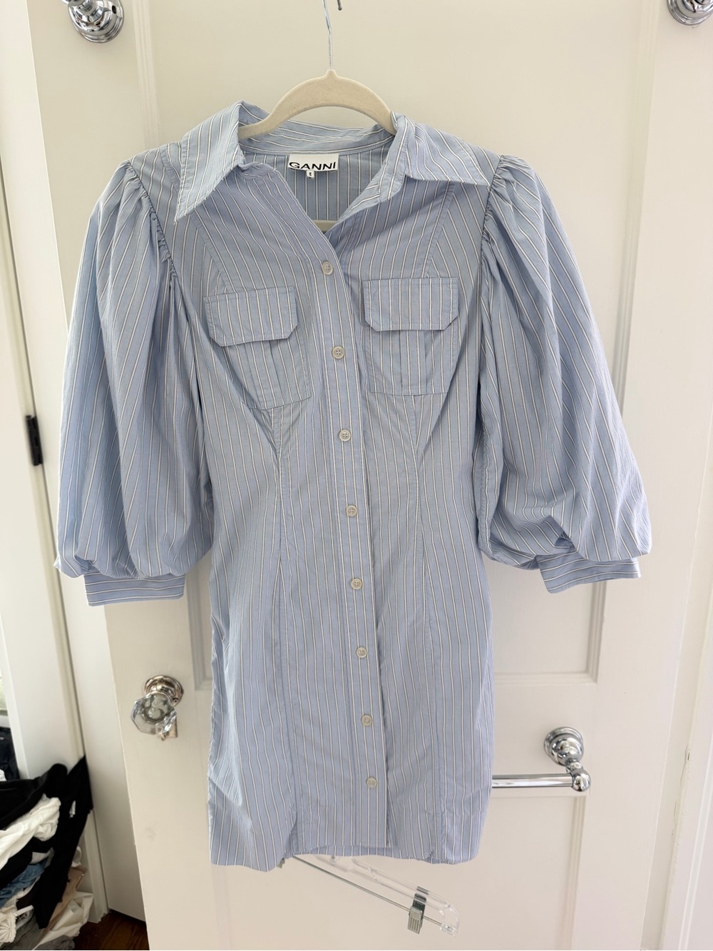 Ganni size XS Light Blue Pinstripe Mini Dress